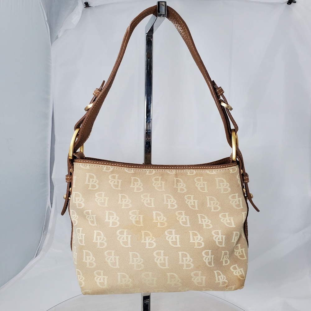 Worn Vintage Y2K Dooney & Bourke Signature DB Canvas Hobo Shoulder Bag Beige